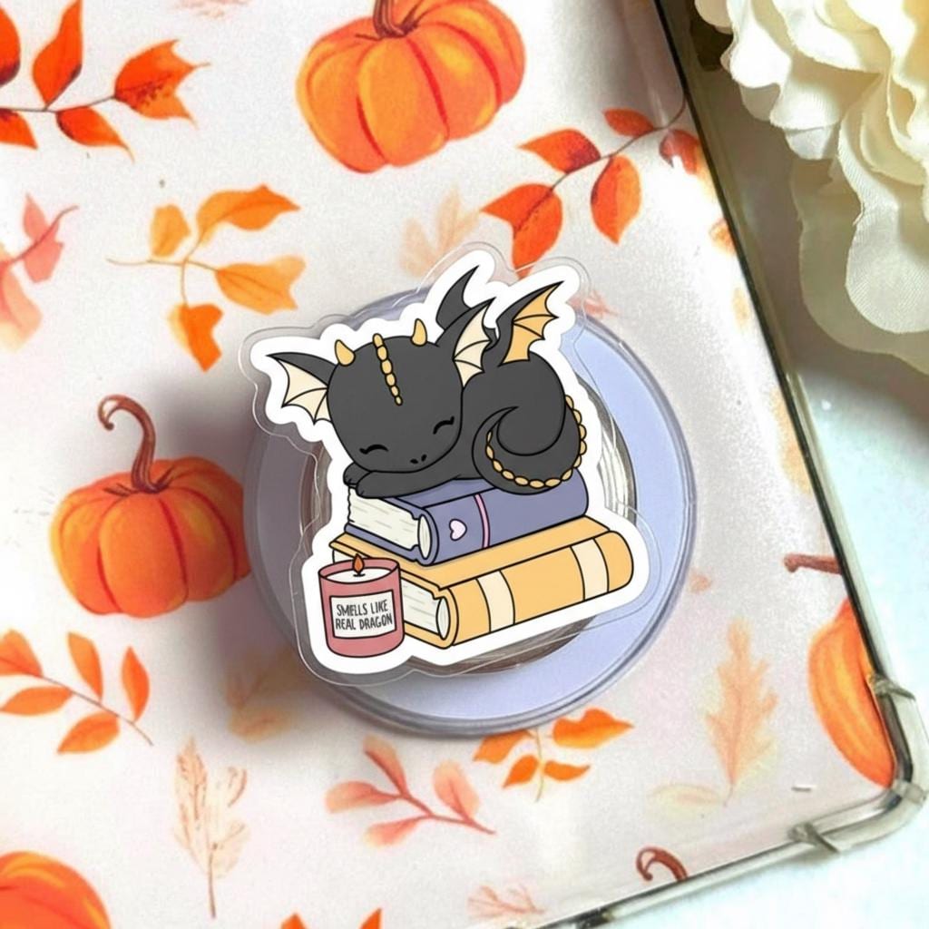 Smells Like Real Dragon MagSafe Phone Grip – Dragon Reads Book Magnetic Phone Holder, Fantasy Popgrip for Readers & Candle Lovers