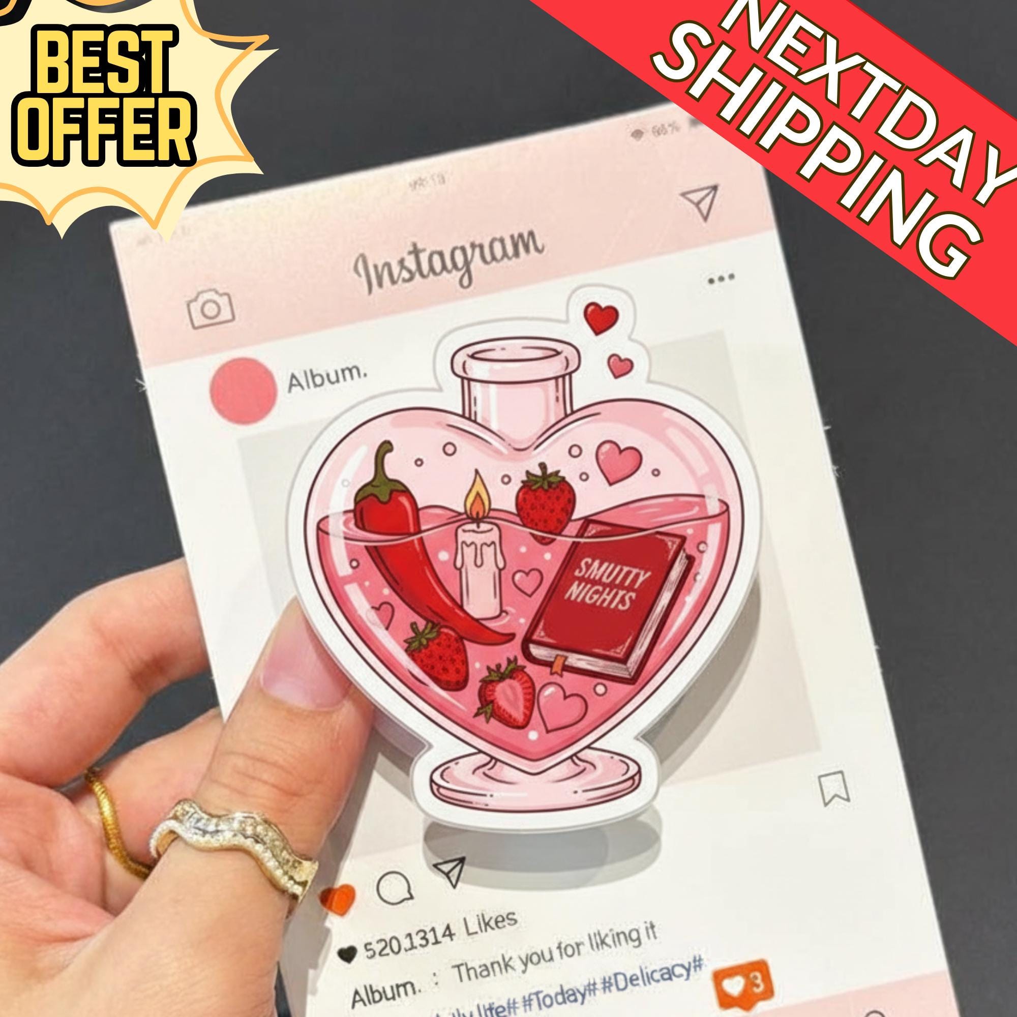 Smutty Nights Potion Magnetic Phone Grip, Heart-Shaped Phone Grip, Cute Love Potion, Strawberry, Chili, and Candle, Valentine’s Day Gift