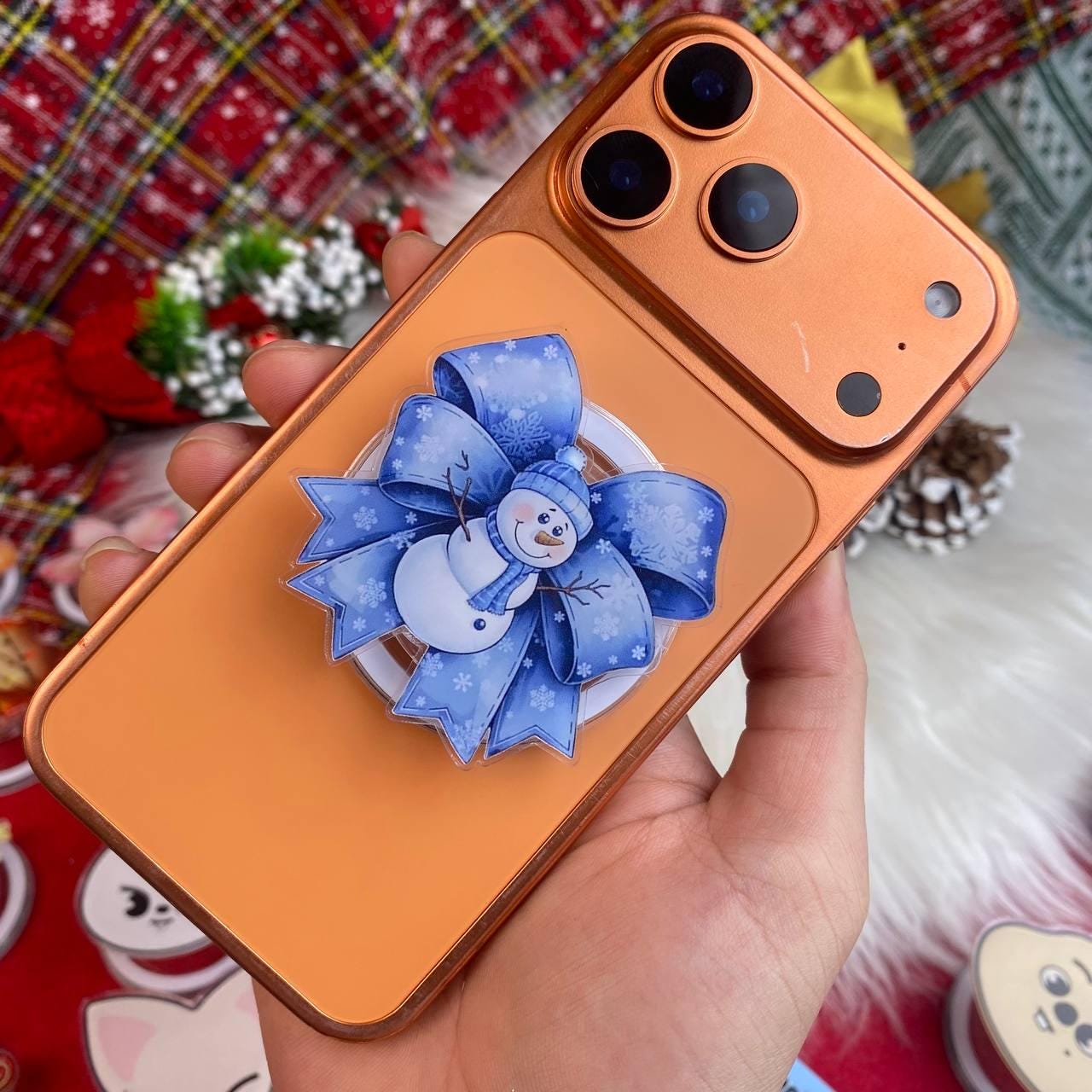 Snowman Phone Grip, Holiday Christmas Phone Stand, Blue Bow