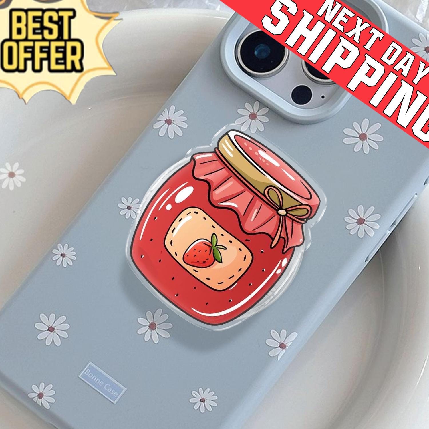 Strawberry Jam Jar Phone Grip, Aesthetic Foodie MagSafe Pop Socket, Cute Cottagecore Kitchen Gift, Realistic Fruit Preserve Mobile Stand