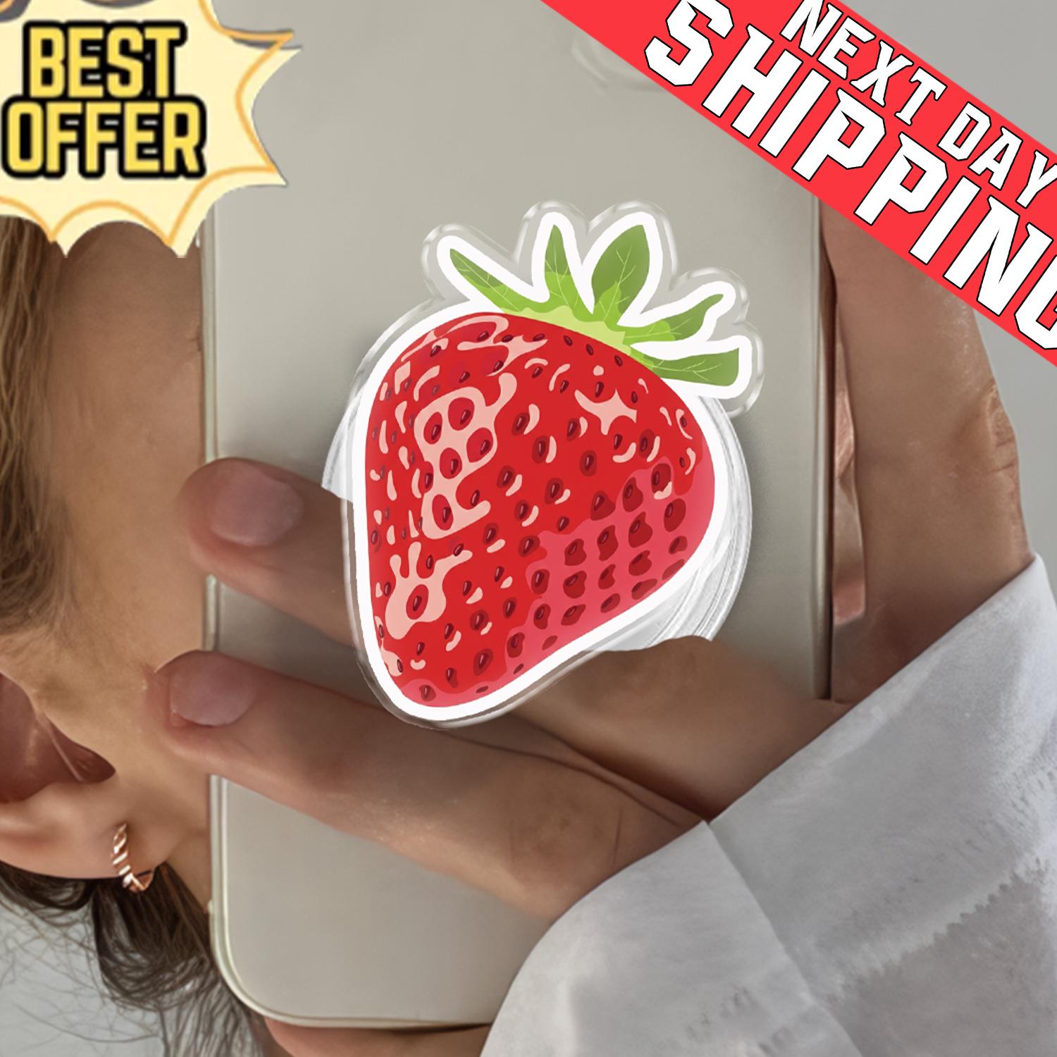 Strawberry Phone Grip, Aesthetic Fruit MagSafe Pop Socket, Cute Cottagecore Kitchen Gift, Realistic Watercolor Berry Mobile Stand