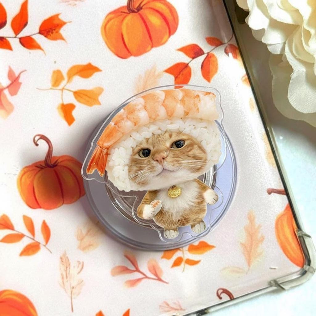 Sushi Cat MagSafe Phone Grip, Funny Animal Phone Stand, Reading Accessory, Gift for Book Lovers