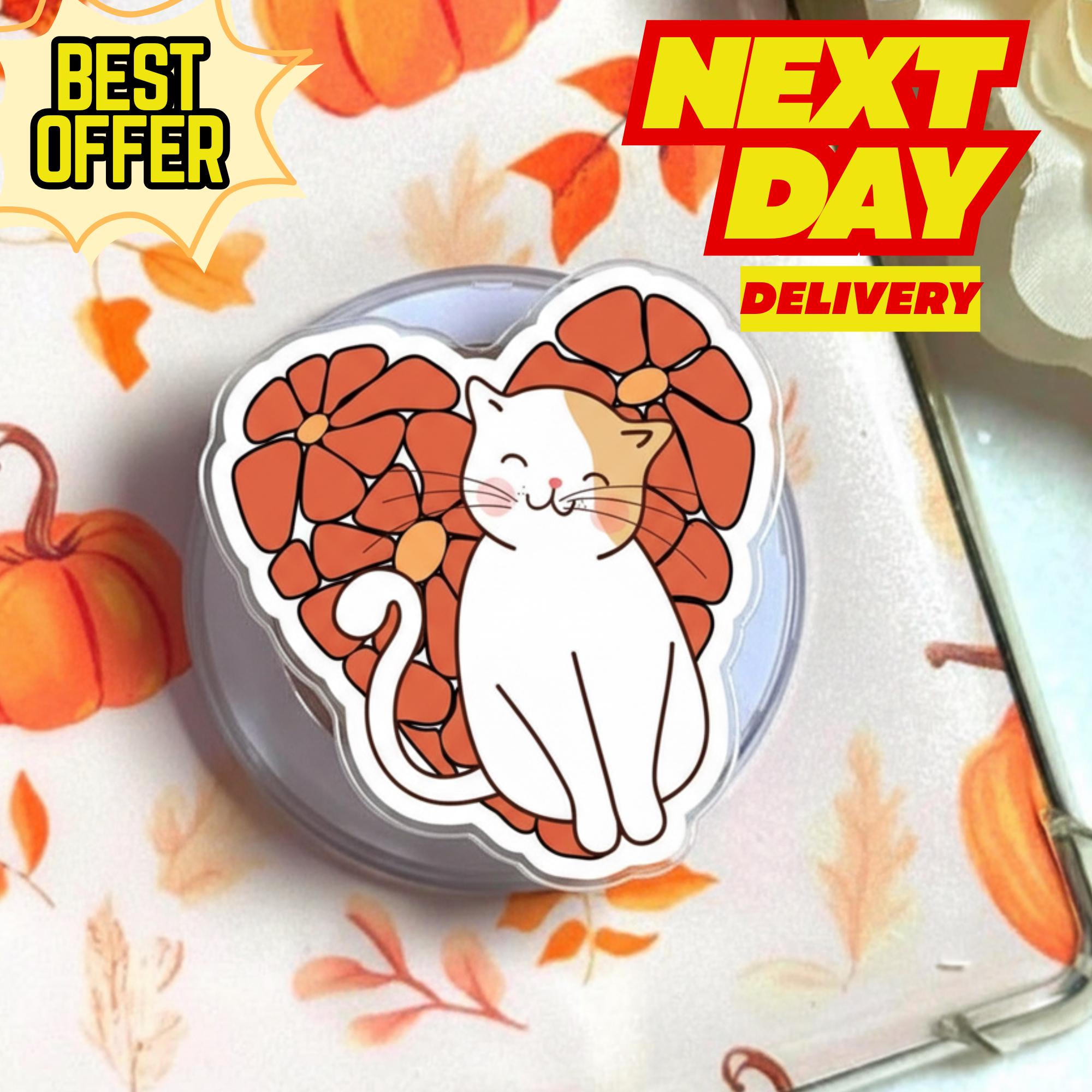 Sweet Cat and Petals MagSafe Phone Grip: Kawaii Cat Magnetic Phone Grip, Cute Phone Holder for Phone or Kindle, Booktok Gift for Friends