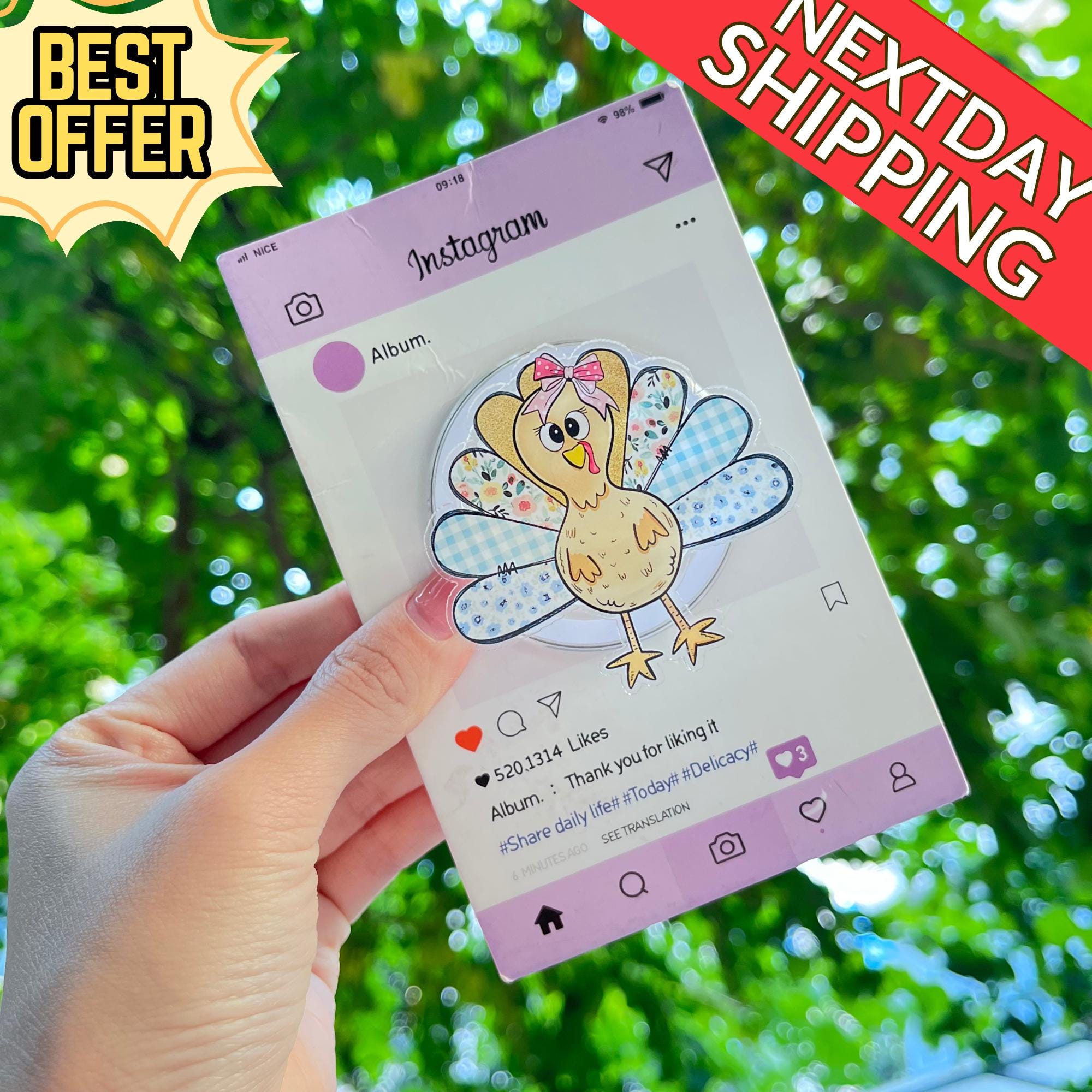 Thanksgiving Turkey Magnetic Phone Holder: Cute Turkey with Bow Phone Grip, Kawaii Thanksgiving Phone Holder, Perfect Gift for Fall Lovers