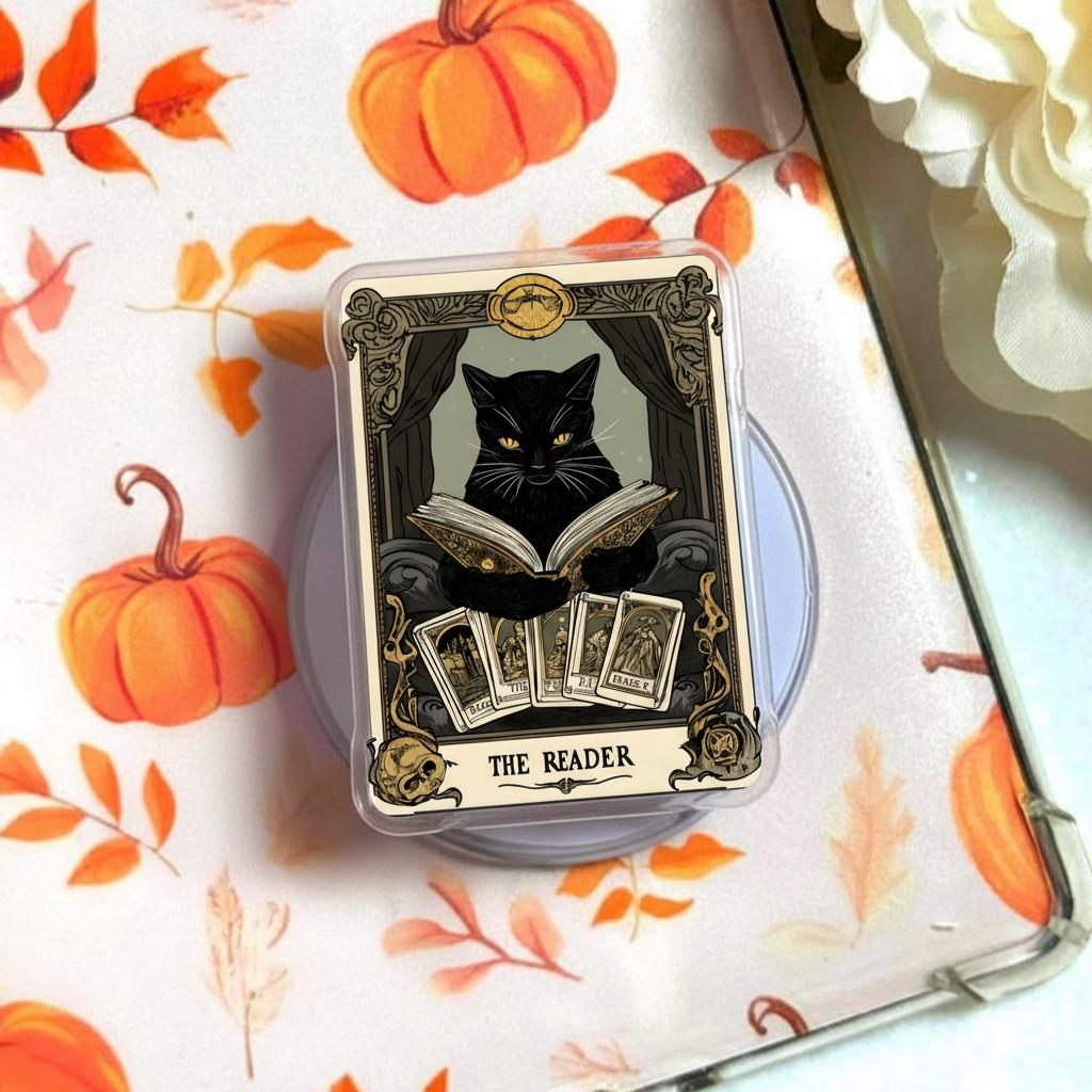 The Reader Card MagSafe Phone Grip: Black Cat Magnetic Phone Holder, Spooky E-readers Stand For Book Lovers, Ideal Gifts for Friends
