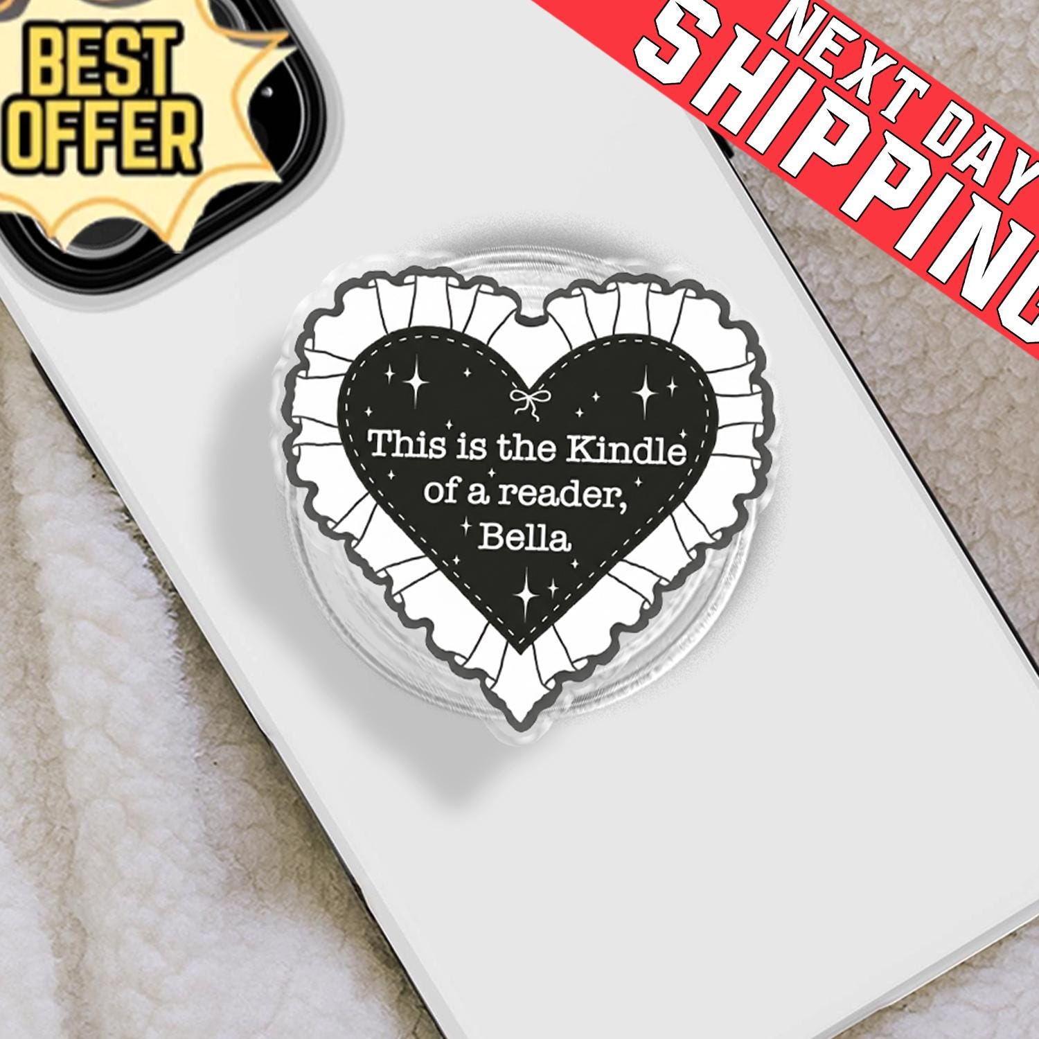 This is the Kindle of a Reader Bella Phone Holder, Aesthetic Black Heart Grip, Gothic Coquette Bookish Gift, Cute Ruffle Heart Stand, Kindle