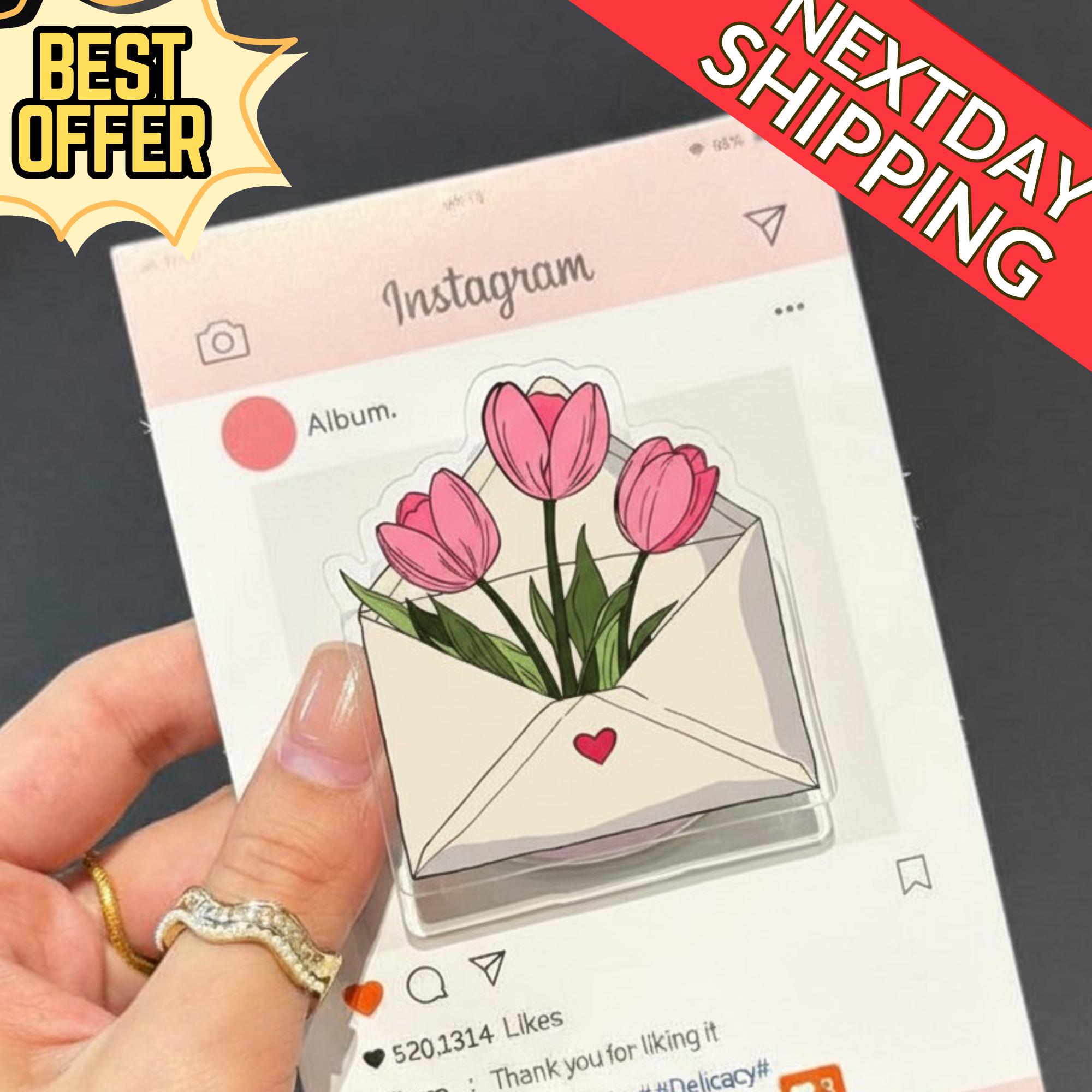 Tulip Flower Magnetic Phone Grip – Cute Envelope Design with Pink Tulips, Floral Magsafe Phone Holder, Aesthetic Phone Accessory
