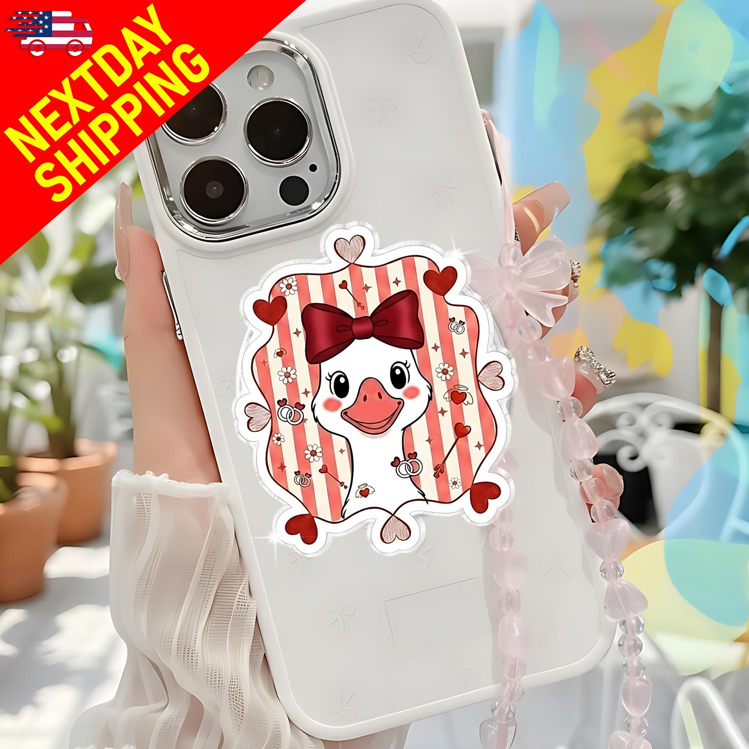 Valentine’s Day Duck Phone Grip – Cute Kawaii Duck Design with Heart & Bow, MagSafe Phone Holder, Fun Gift for Her