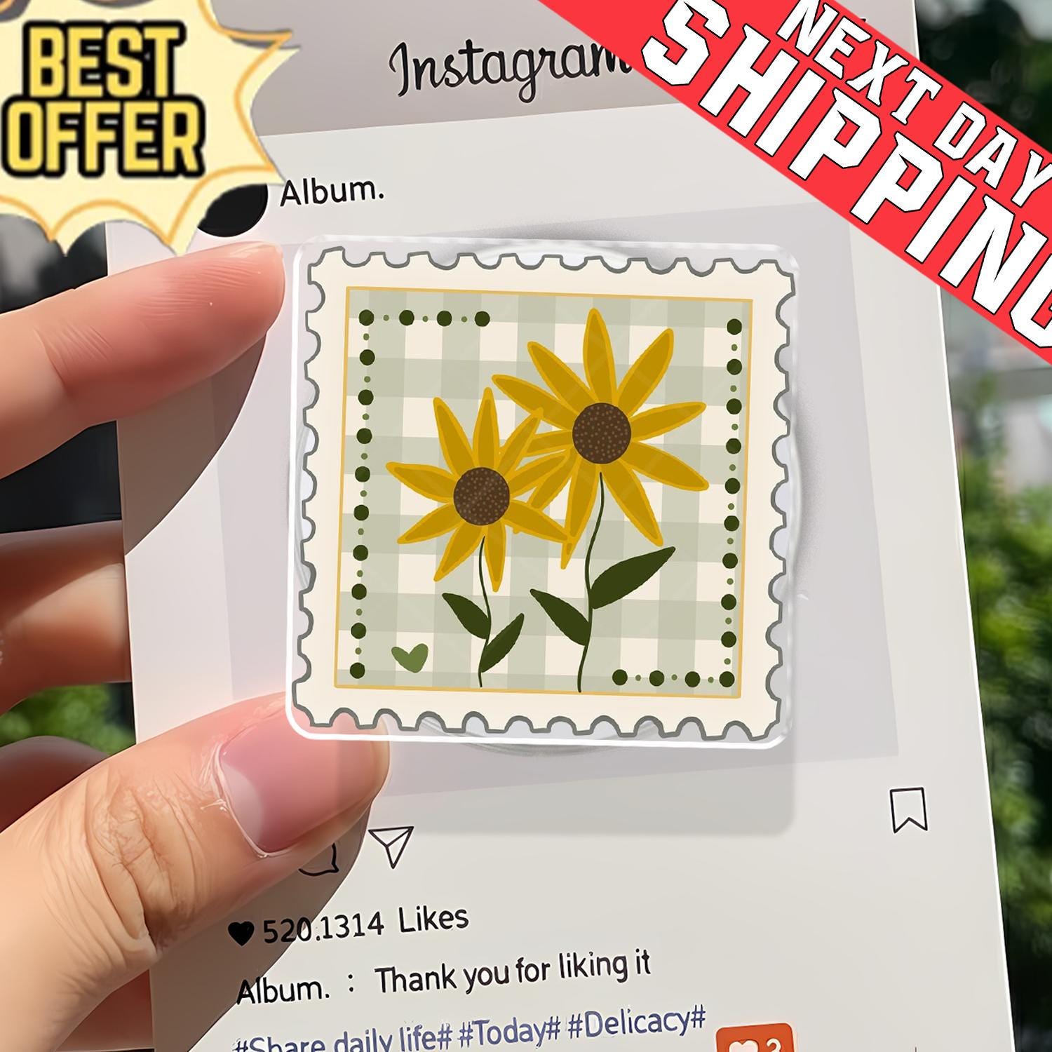 Vintage Flower Stamp Phone Holder,Aesthetic Floral Postage Grip, Retro Red Tulip Sunflower Stand, Cute Botanical Gift, Gingham Kindle Socket