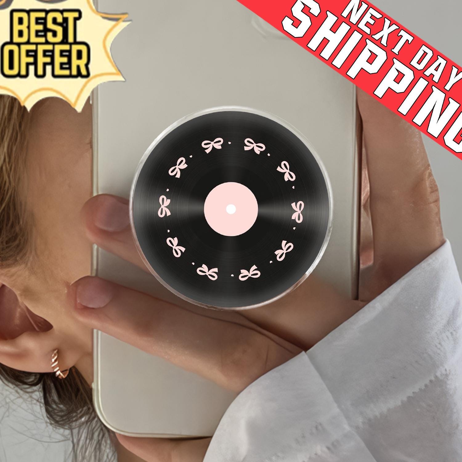 Vinyl Record Phone Grip, Aesthetic Coquette MagSafe Pop Socket, Cute Retro Music Lover Gift, Pink Bow Record Player Mobile Stand