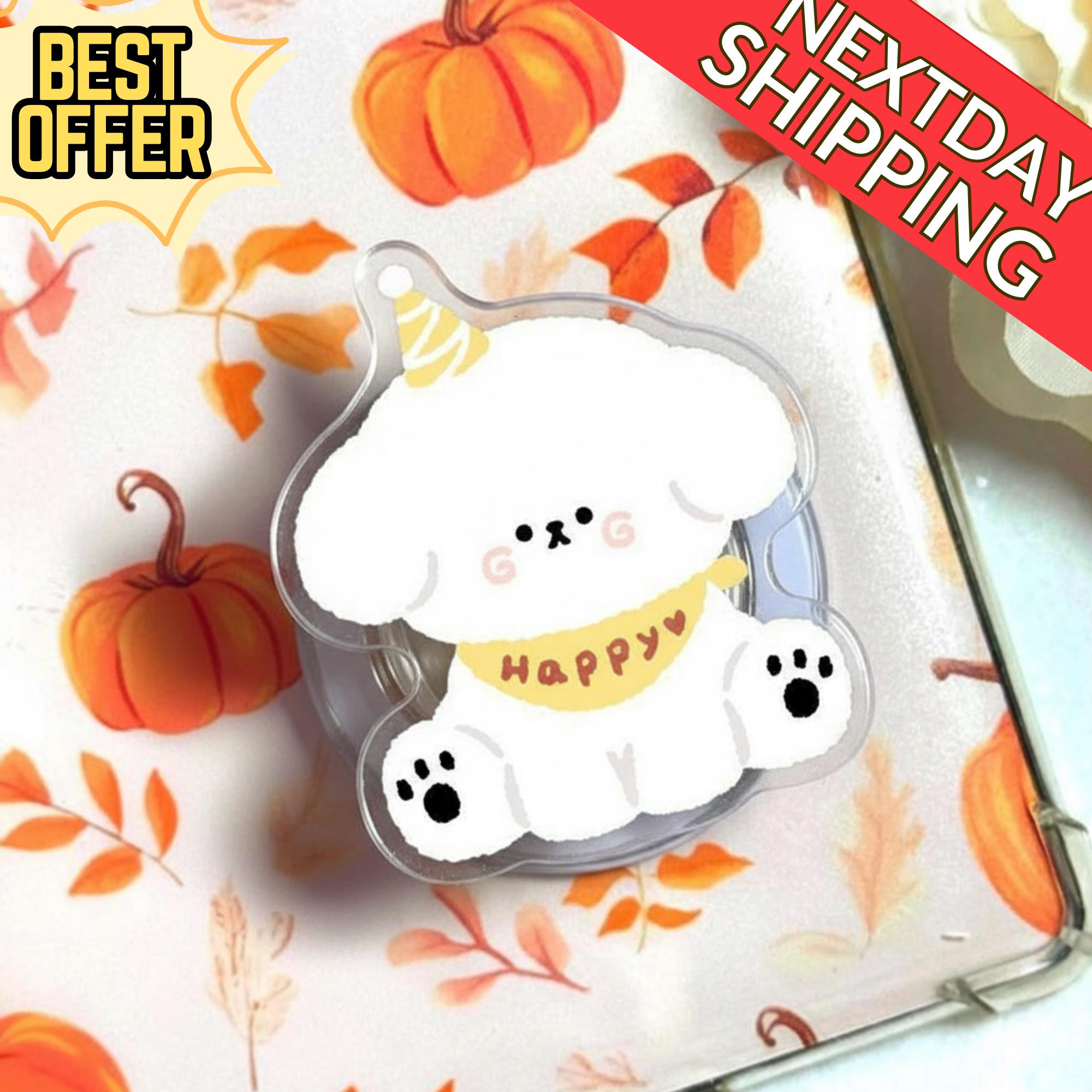 White Dog Magsafe Phone Grip, Happy Puppy with Party Hat, Cute Phone Stand, Magnetic Phone Grip, Gift for Dog Lovers, Gift for Teens